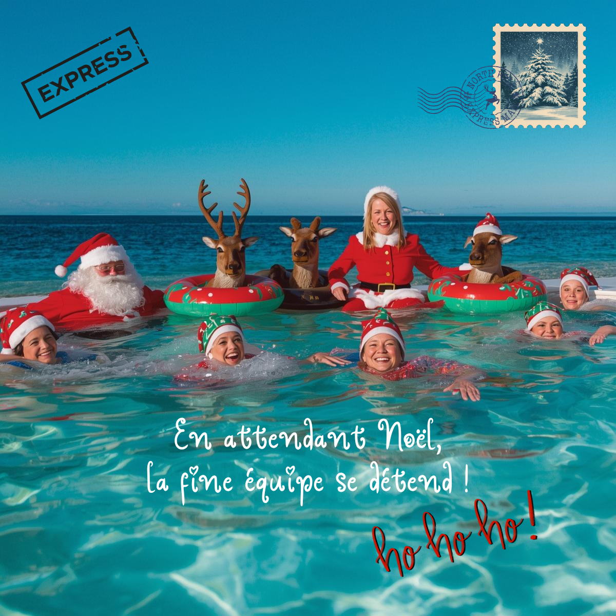 En attendant les fêtes de fin d'année, l'équipe du père noël se détend. Le père noël entouré de la mère noël, de rennes et de lutins, ils se baignent dans une piscine